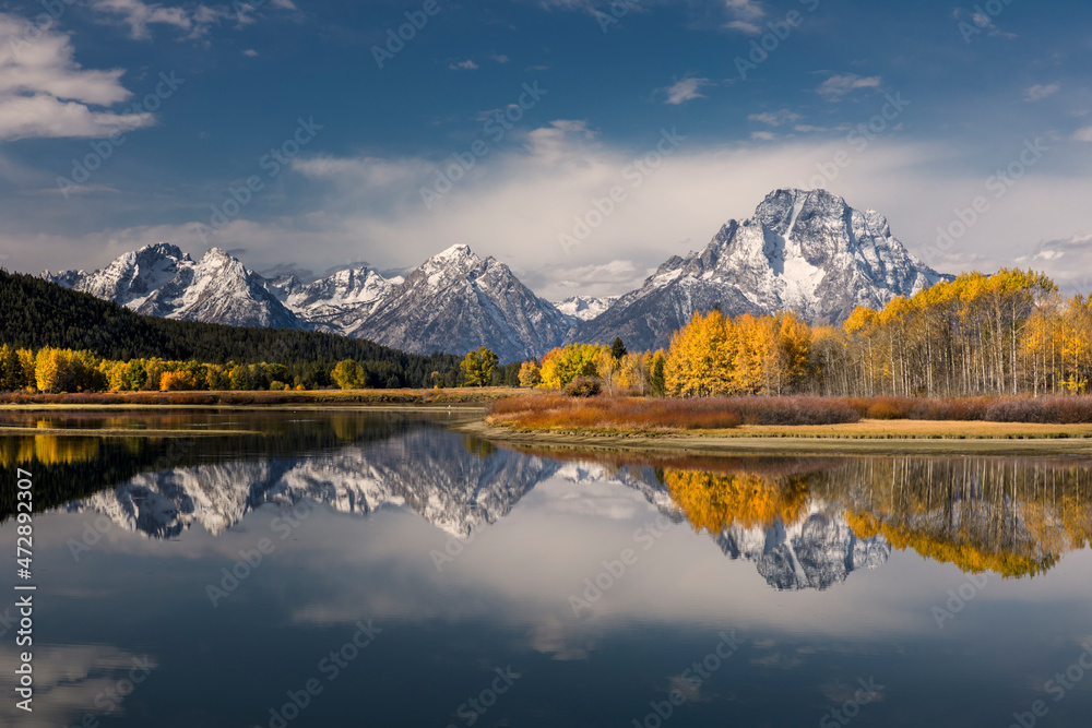 Autumn view of Mt. Moran and reflection, Oxbow Bend, Grand Teton National Park, Wyoming