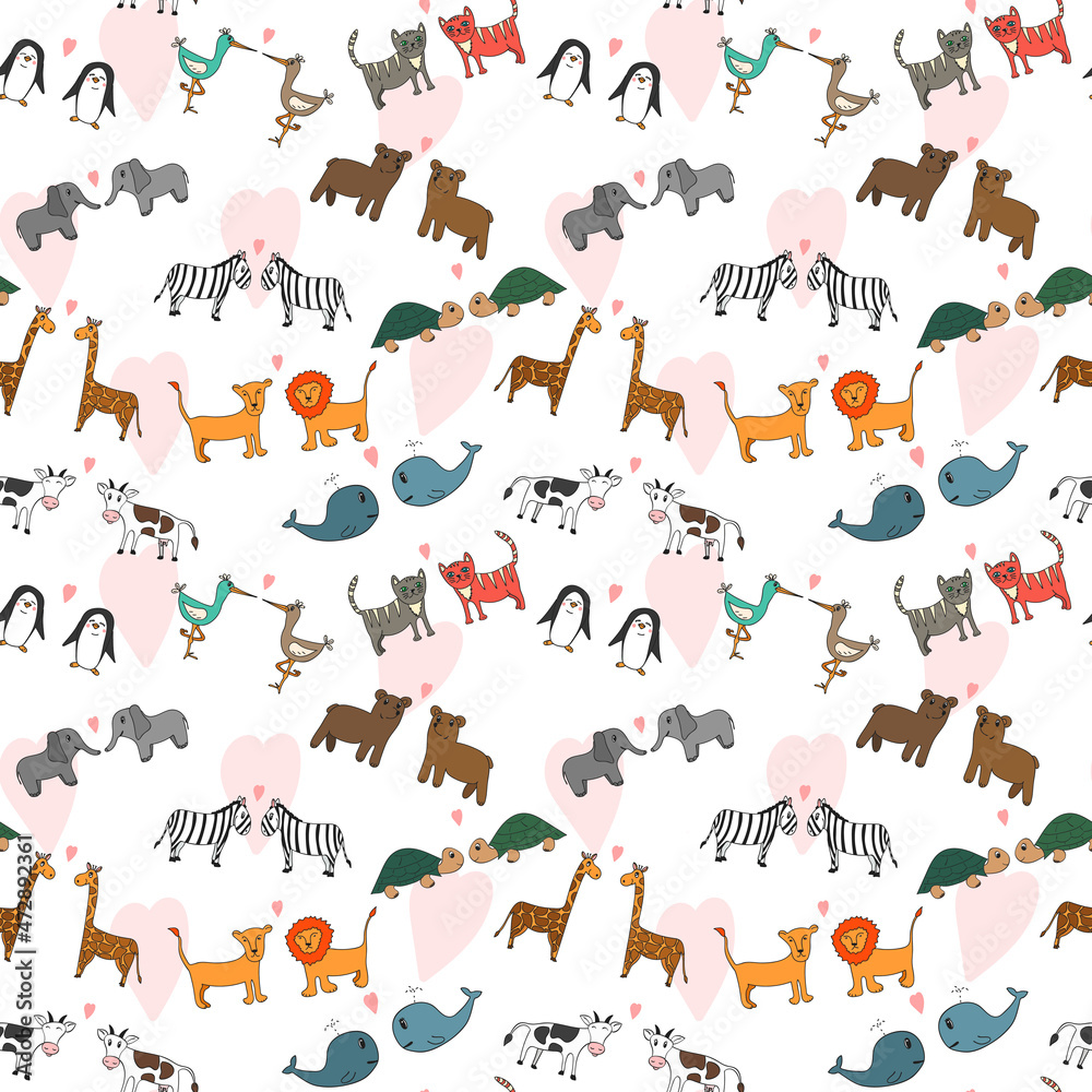 Fototapeta premium Vector seamless pattern with hand drawn cartoon animals, romantic concept, Valentine's day, ornament for backgrounds, fabrics, wrapping paper and other designs
