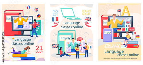 Online internet language courses flat vector illustration. Foreign speech study at home using computer. Instructor leads video lesson on computer teaches students, distance classes via internet