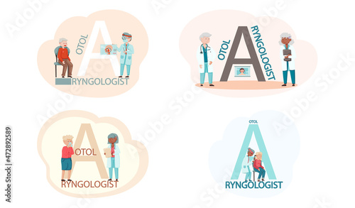 Otolaryngologist doctor with nose, ear and throat or ENT diagnostic and treatment instruments. Otology doctor with patient. Otorhinolaryngology healthcare medicine or otolaryngology diseases