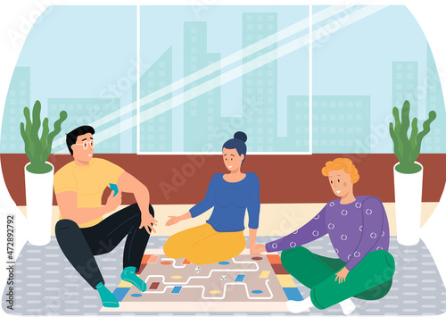 Friends playing games, map with cards, home party challenge and strategy concept. Cartoon characters have great time together. People have fun on weekend, roll dices and go to finish along way
