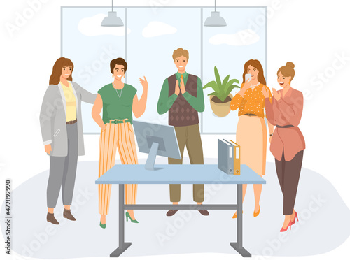 Happy woman or girl businesswoman receives congratulations from their colleagues in office. Clerk got promotion at work. Business team communication, corporate unity and effective interaction
