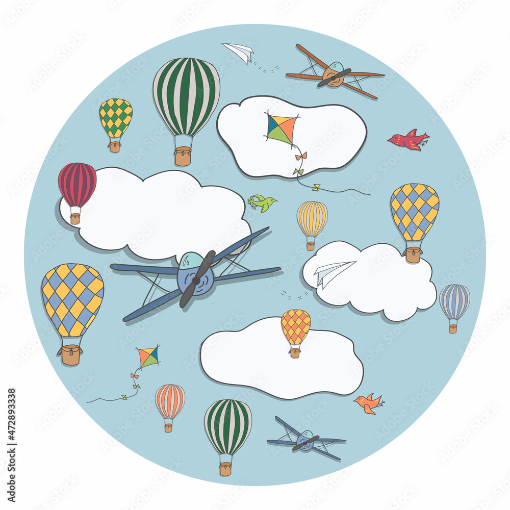 Fototapeta premium Round composition with hot air baloons, planes flying in the blue sky among clouds. Vector illustration for cards, banners and other designs
