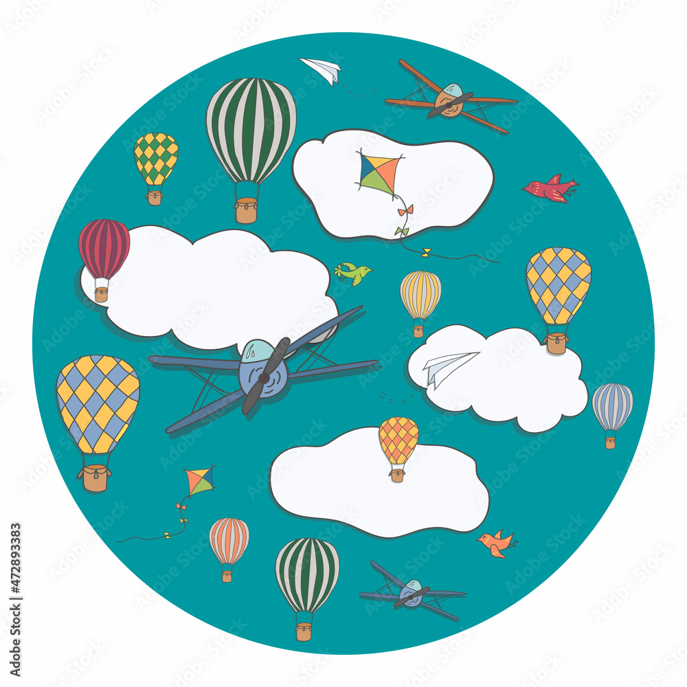 Round composition with hot air baloons, planes flying in the blue sky among clouds. Vector illustration for cards, banners and other designs