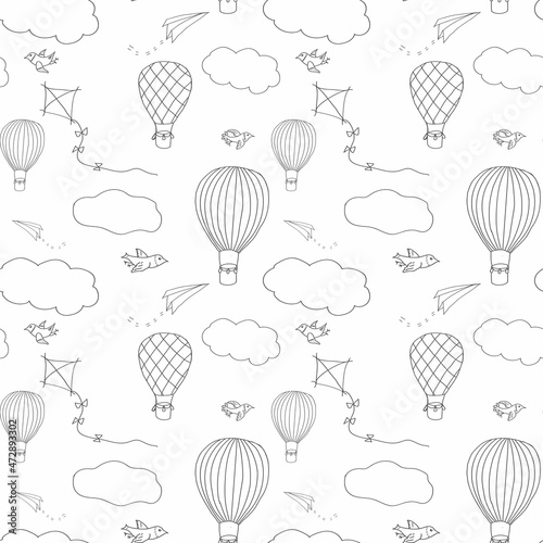 Seamless vector pattern, hand drawn hot air baloons flying in the sky. Pattern for backgrounds, wrapping paper, fabrics and other designs