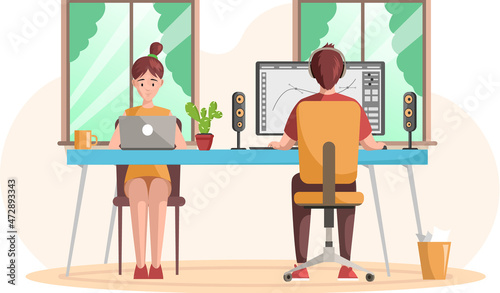 Graphic designer creating his artwork using computer software and lising music. Digital artist, illustrator, graphic design professional at workplace. Print studio workers. Freelance, work from home