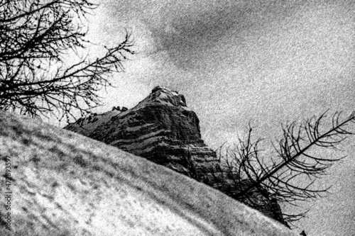 Illustration with charcoal technique of part of Mount Pelmo north face in winter conditions. Selva di Cadore, Dolomites, Italy