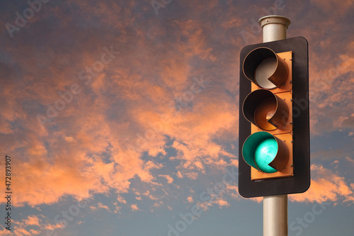 Traffic Light, Green Light, Sunset Sky