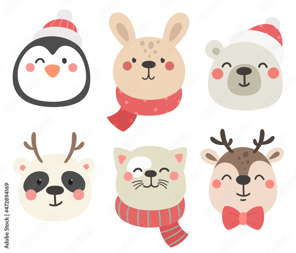 Collection of cute animals in Christmas hats and scarves. Children's hand-drawn animals. Deer, penguin, bear, cat, hare, panda. Cartoon characters.