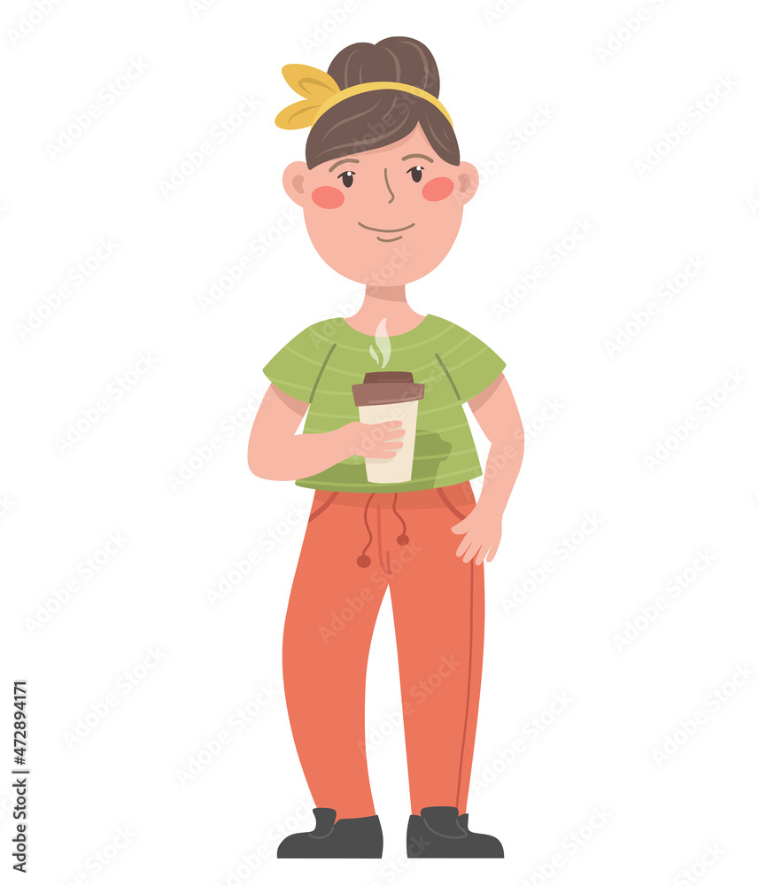 Girl with coffee in hands, character. Vector illustration in cartoon style.