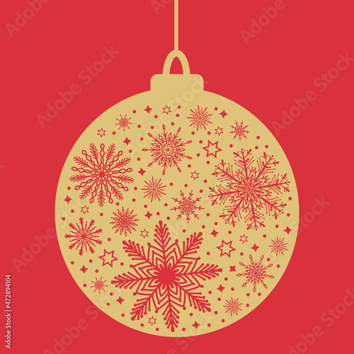 Christmas ball bauble, decoration golden bulb bubble silhouette with snowflakes and snow on red background. Cute New Year winter holiday clip art, design element for greeting card, invitation, banner