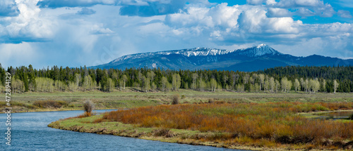 Spring panoramic at Oxbow Bend looking South, Grand Teton National Park, Wyoming photo