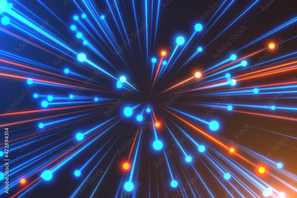 Obraz premium Cosmic background for event, party, carnival, celebration, anniversary or other. Abstract background in blue and orange neon glow colors. Speed of light in galaxy. Explosion in universe. 3D rendering.
