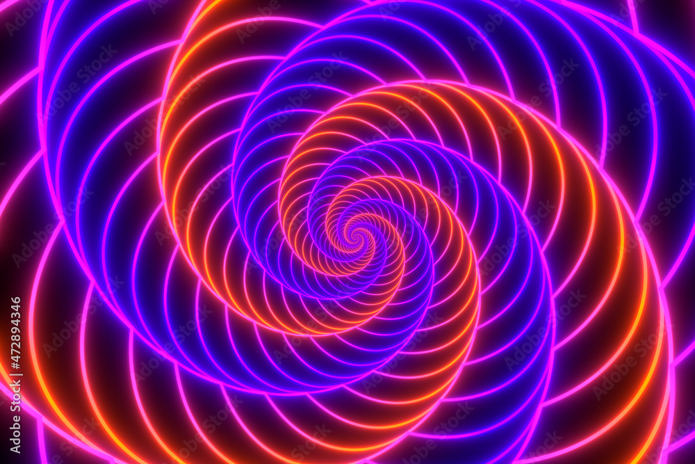 Glowing striped spiral. Abstract background in orange, red and purple vivid neon glow colors. Retro backdrop for event, party, carnival, celebration, anniversary or other. 3D rendering.