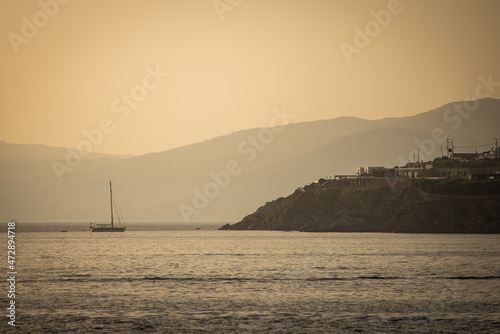 Sunset in Mykonos Island from Little Venice in the middle of summer August 2021