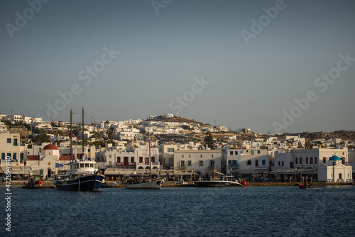 MYKONOS ISLAND, GREECE - August 2021: Sailing boats in Mykonos, Cyclades islands, Greece.