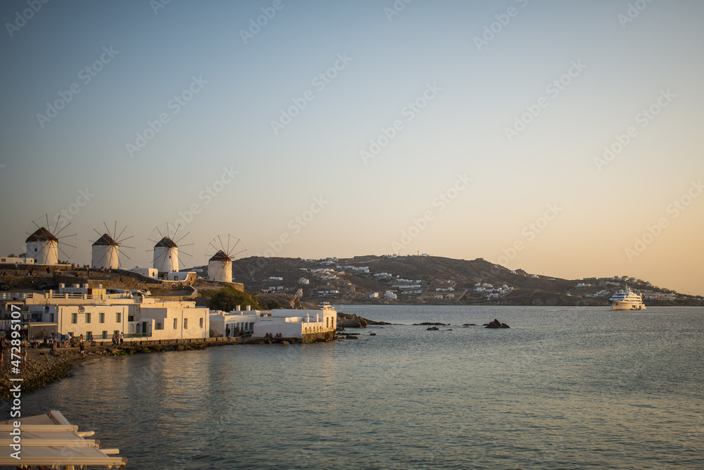 Little Venice, Mykonos, Greece. Iconic view of the windmills