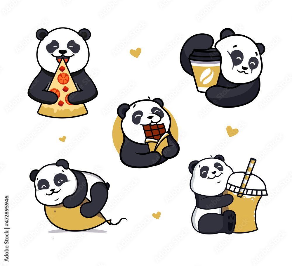 Obraz premium The set of pandas hugging food is good for hug day, stickers. The logo animals
