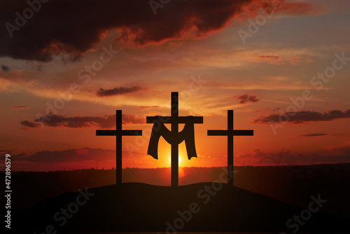 Three Christian Crosses On Calvary's Hill At Sunrise - Crucifixion And Resurrection Of Jesus Christ 
