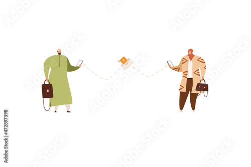 Arab couple in modern casual clothes and headdress. Portrait of Muslim man in thobe and woman in hijab and pants. Vector illustration.