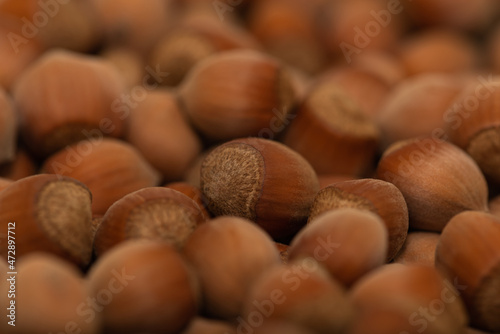 Close-up shot of hazelnuts, as a background. Filberts or noisettes 