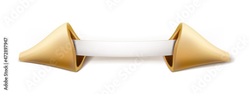 Fortune cookie cut open in half with paper wish. Isolated on white background.