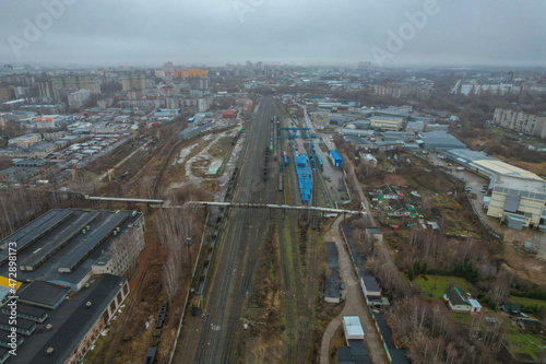 Aerial view of the railway near the Kirov-Kotlassky station in autumn (Kirov, Russia)