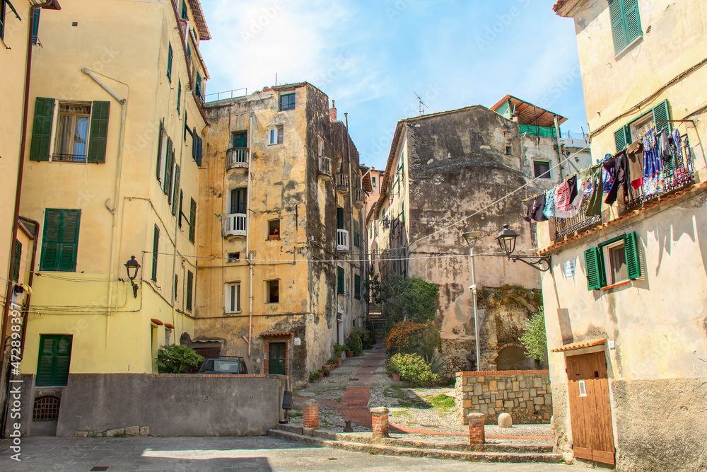View of local architecture in the medieval old town of Ventimiglia Alta in Italy, Liguria in the province of Imperia.