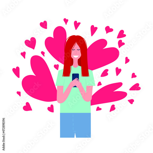 Young woman looking at phone reading message. Love hearts background. Happy woman watching her smartphone and smiling. Vector stock illustration.