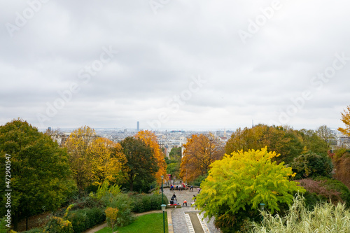 Paris, France - November 14th 2021: View from Belvedere de Belville over the park and the city