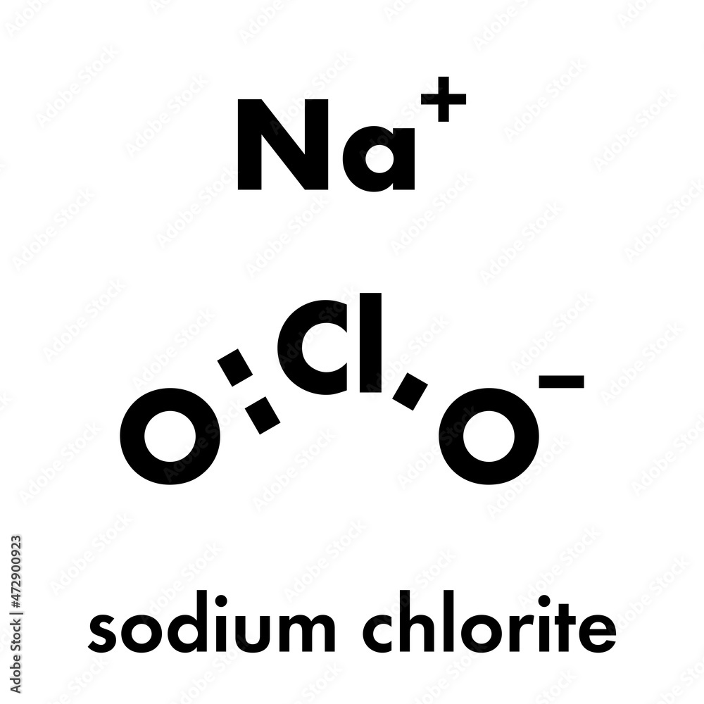 Sodium chlorite, chemical structure. Skeletal formula. Sodium chlorite, chemical structure. Skeletal formula.