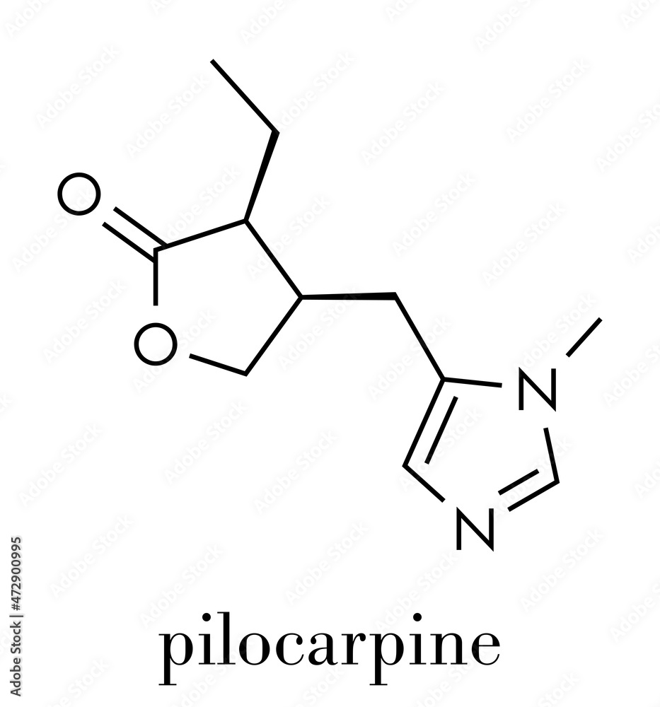 Pilocarpine drug molecule. Skeletal formula. Pilocarpine drug molecule. Skeletal formula.