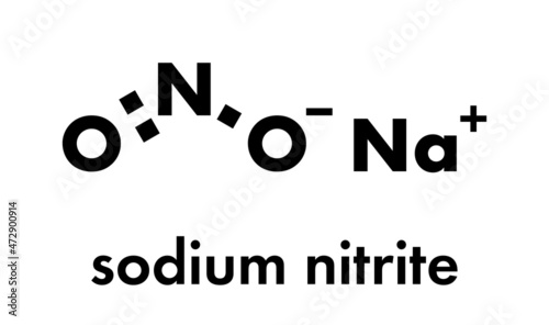 Sodium nitrite, chemical structure. Used in the curing of meat. Skeletal formula.