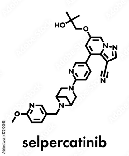 Selpercatinib cancer drug molecule. Skeletal formula.