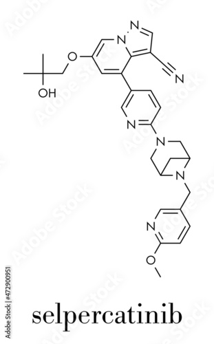 Selpercatinib cancer drug molecule. Skeletal formula.