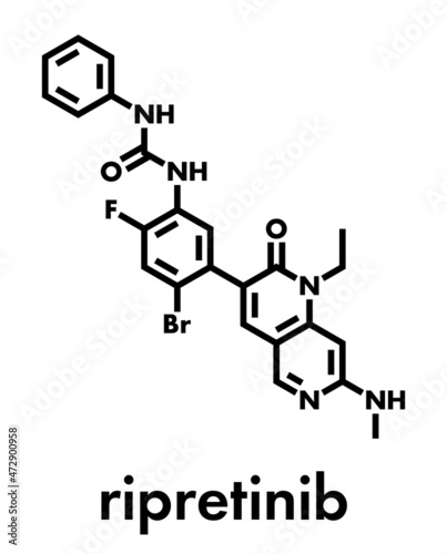 Ripretinib cancer drug molecule. Skeletal formula.