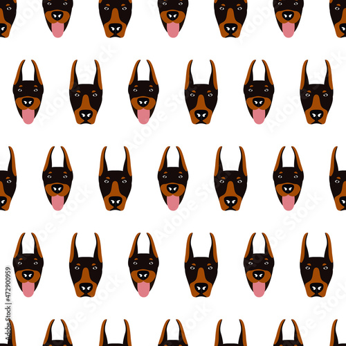 Seamless pattern from a set of poses of the Doberman Pinscher dog breed. Vector illustration of fabric design
