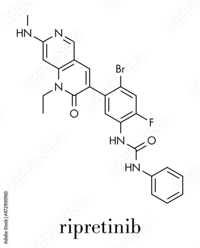 Ripretinib cancer drug molecule. Skeletal formula.