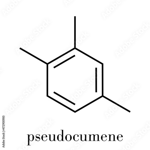 Pseudocumene (1,2,4-trimethylbenzene) aromatic hydrocarbon molecule. Occurs in naturally in coal tar and petroleum. Skeletal formula.
