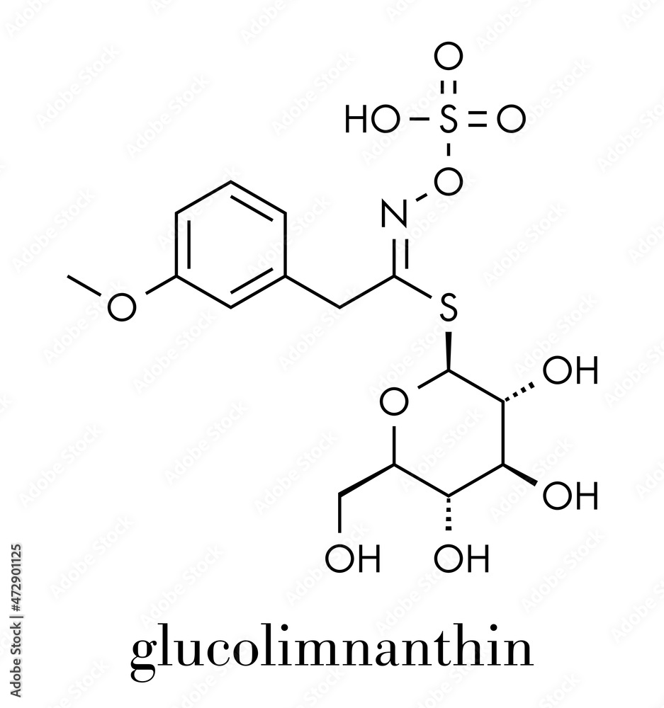 Glucolimnanthin herbal molecule. Skeletal formula. Glucolimnanthin herbal molecule. Skeletal formula.