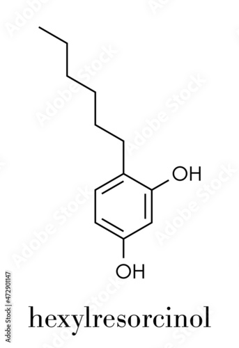 Hexylresorcinol molecule. Has anaesthetic, antiseptic and anthelmintic properties. Skeletal formula. photo