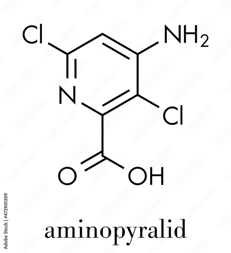 Aminopyralid herbicide molecule. Skeletal formula. Aminopyralid herbicide molecule. Skeletal formula.