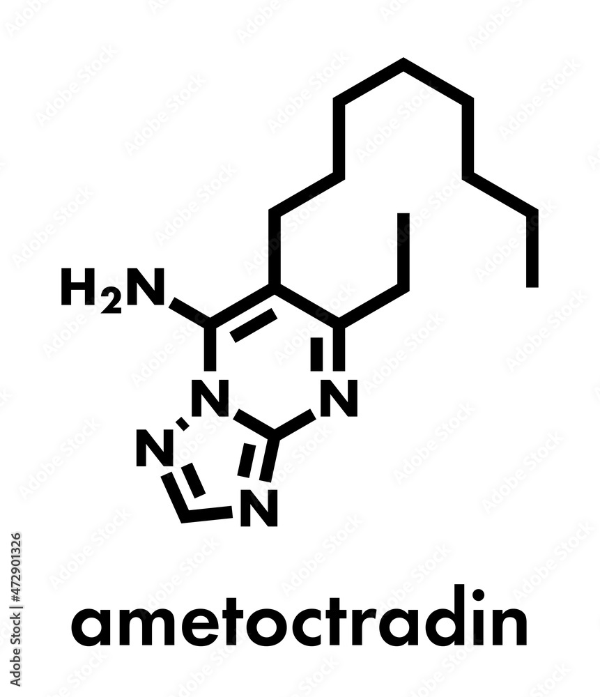 Ametoctradin fungicide molecule. Skeletal formula. Ametoctradin fungicide molecule. Skeletal formula.