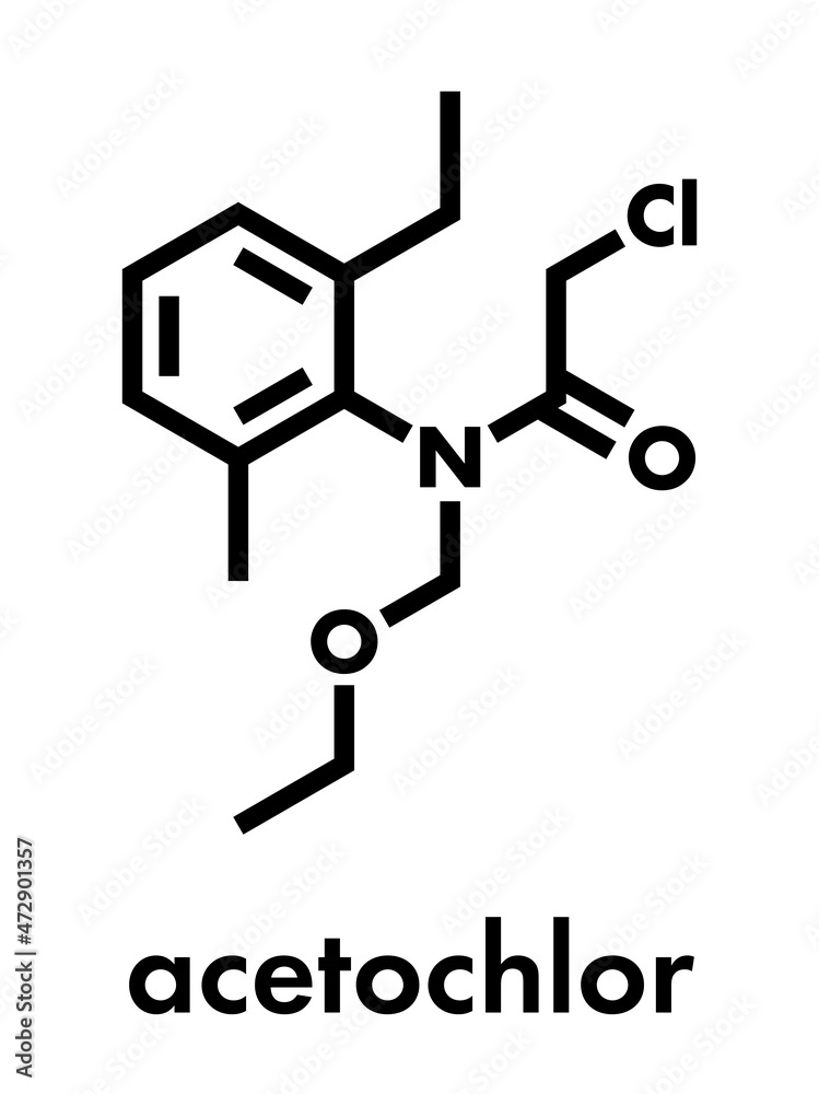 Acetochlor herbicide molecule. Skeletal formula. Acetochlor herbicide molecule. Skeletal formula.