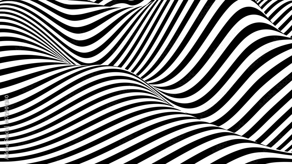 Abstract background of black and white stripes. Optical illusion wave. Distortion effect. Vector illustration.