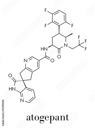 Atogepant migraine drug molecule (CGRP inhibitor). Skeletal formula. photo