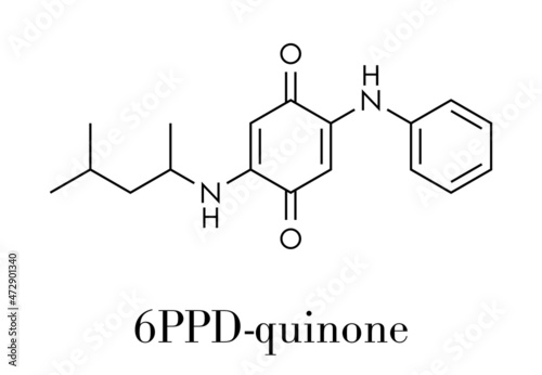 6PPD-quinone, degradation product of the rubber additive 6PPD. Toxic to salmon. Skeletal formula.