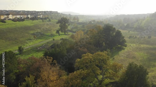 landscape with green grass and blue sky drone aerial California