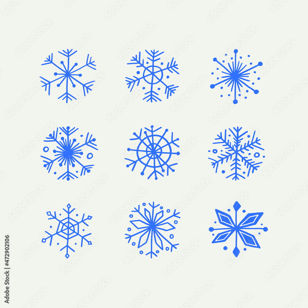 Set of nine vector blue snowflakes on white background. Hand drawn winter snowflake silhouettes. Perfect design elements for holiday design projects. Christmas and happy new year vector design. Set of nine vector blue snowflakes on white background. Hand drawn winter snowflake silhouettes. Perfect design elements for holiday design projects. Christmas and happy new year vector design.