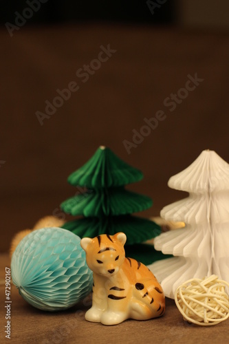 Tiger symbol of the year 2022 and paper Scandinavian decorations